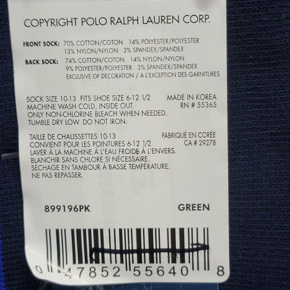 Polo Ralph Lauren Socks Mens 10-13 Green Navy Stripe Varsity Bear Crew 2 Pack